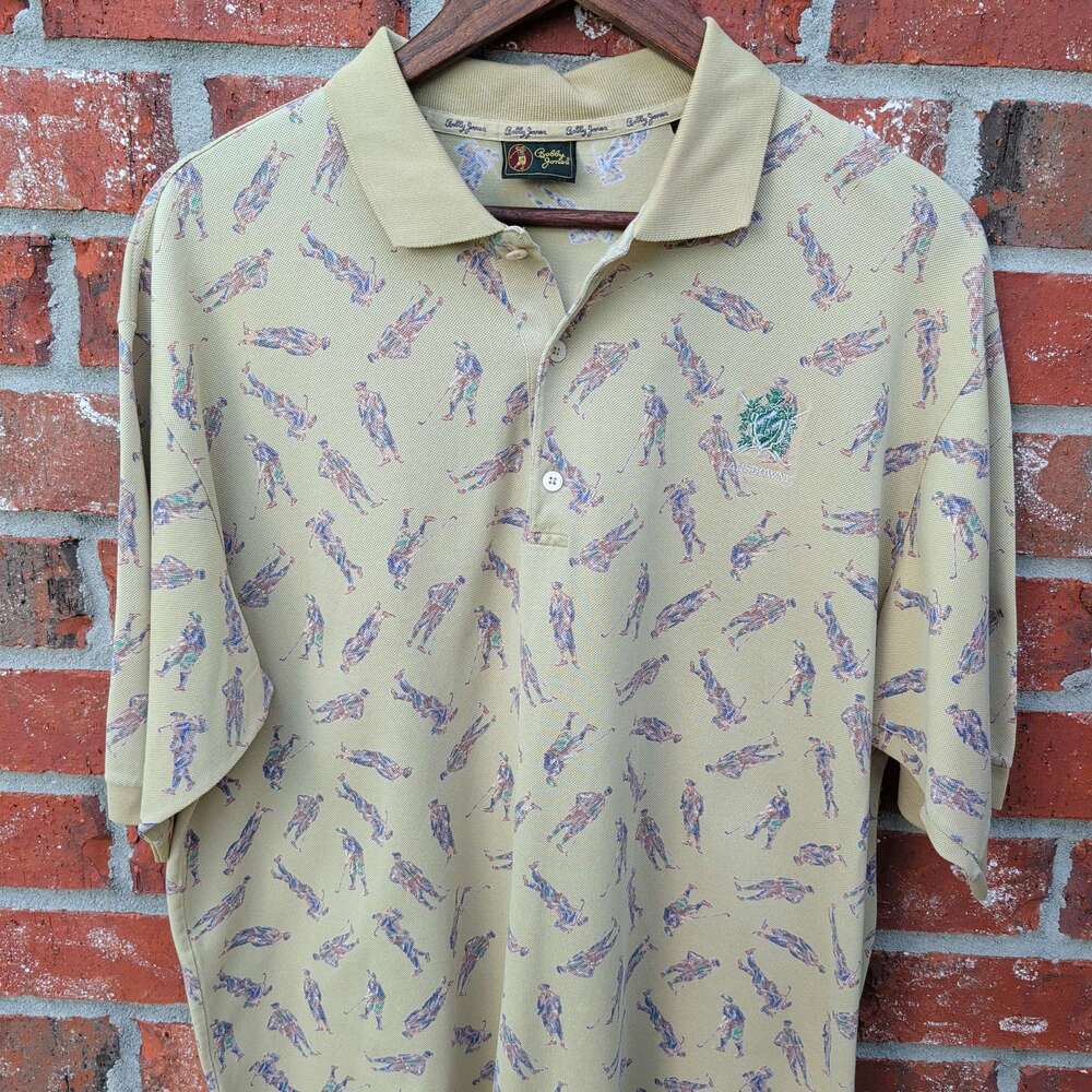 Bobby Jones Golf Polo Mens XL Tan Allover Print Lansdowne Cotton Vintage